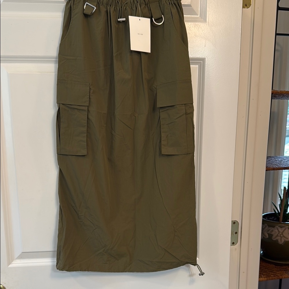 OAK Fort Nylon Olive Green Cargo Skirt with drawstring hem and waist.NWT